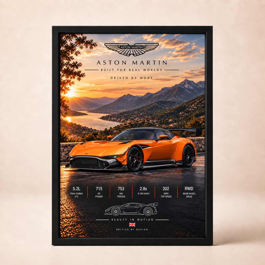 Aston Martin Valkyrie framed poster on cream wall
