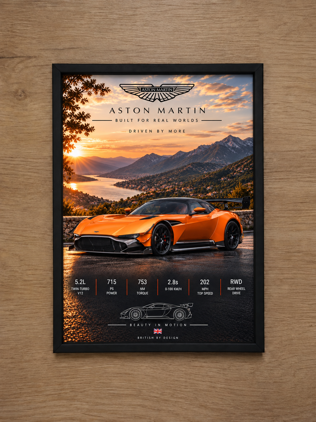 Aston Martin Valkyrie framed poster on wooden wall