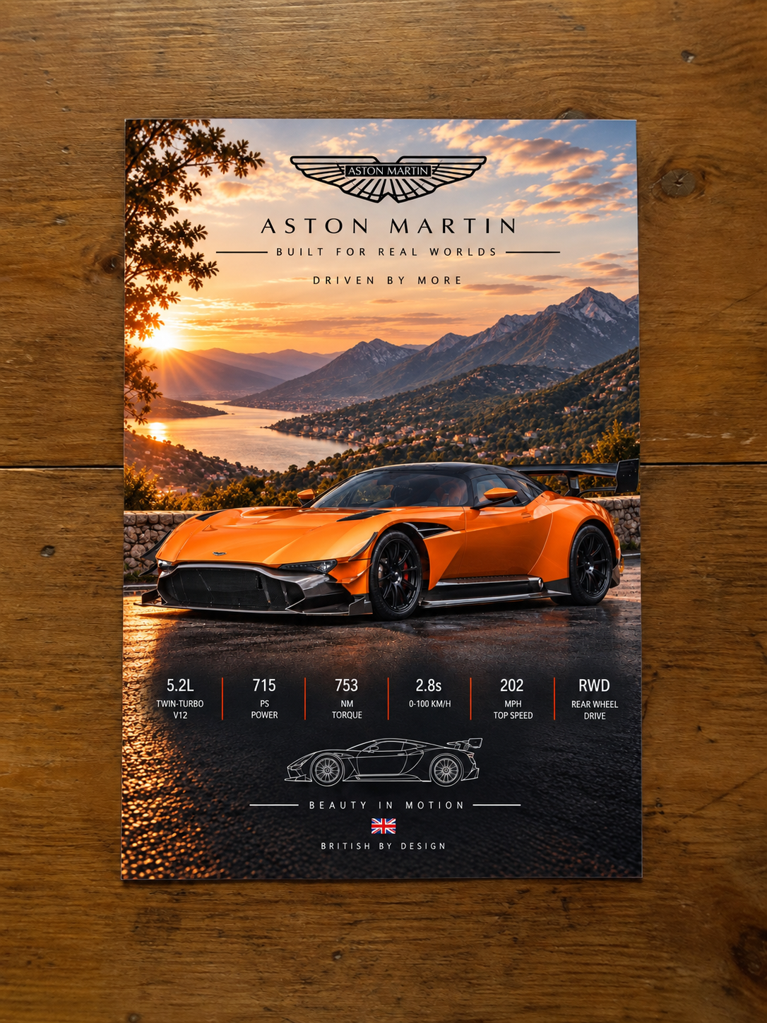 Aston Martin Valkyrie unframed poster on wooden background