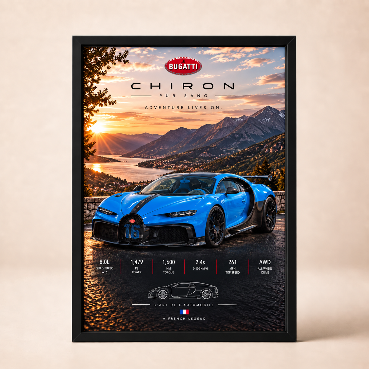 Bugatti Chiron Pur Sang framed poster on a cream wall