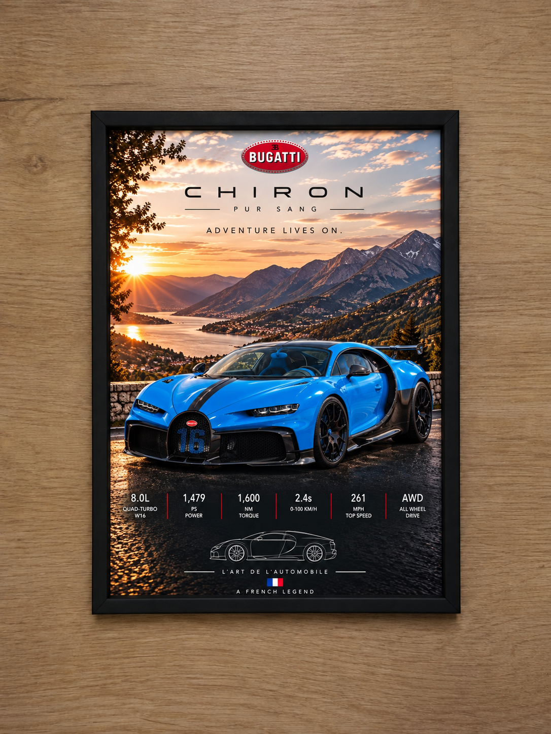 Bugatti Chiron Pur Sang framed poster on a natural wood wall