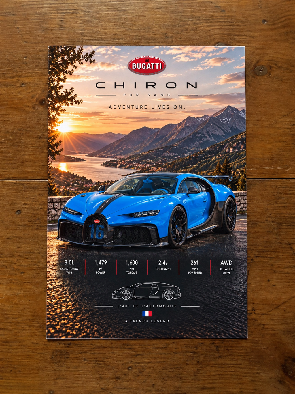 Bugatti Chiron Pur Sang print-only poster on dark wood
