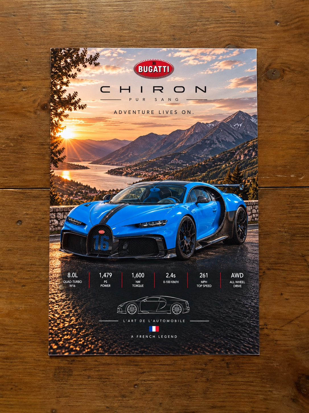 Bugatti Chiron Pur Sang print-only poster on dark wood
