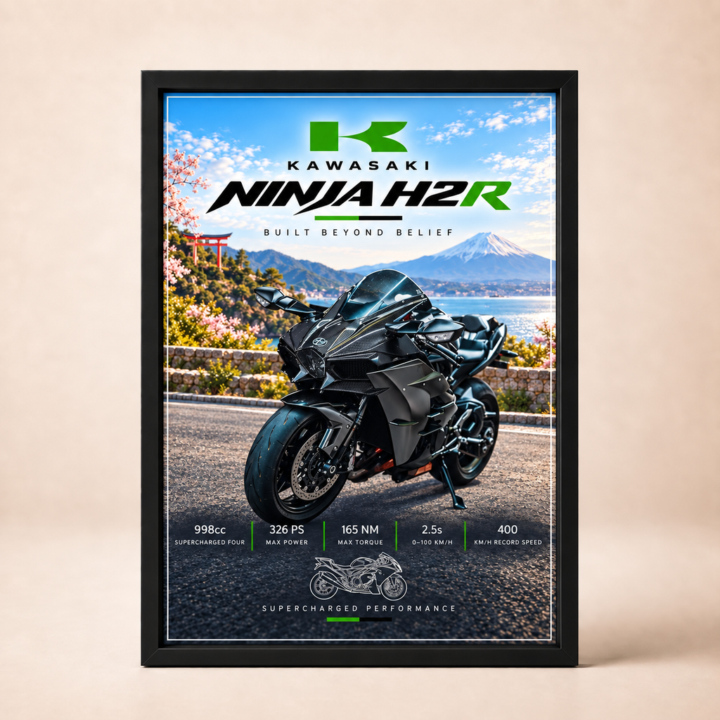 Kawasaki Ninja H2R automotive poster in black frame on a cream wall