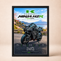 Kawasaki Ninja H2R automotive poster in black frame on a cream wall