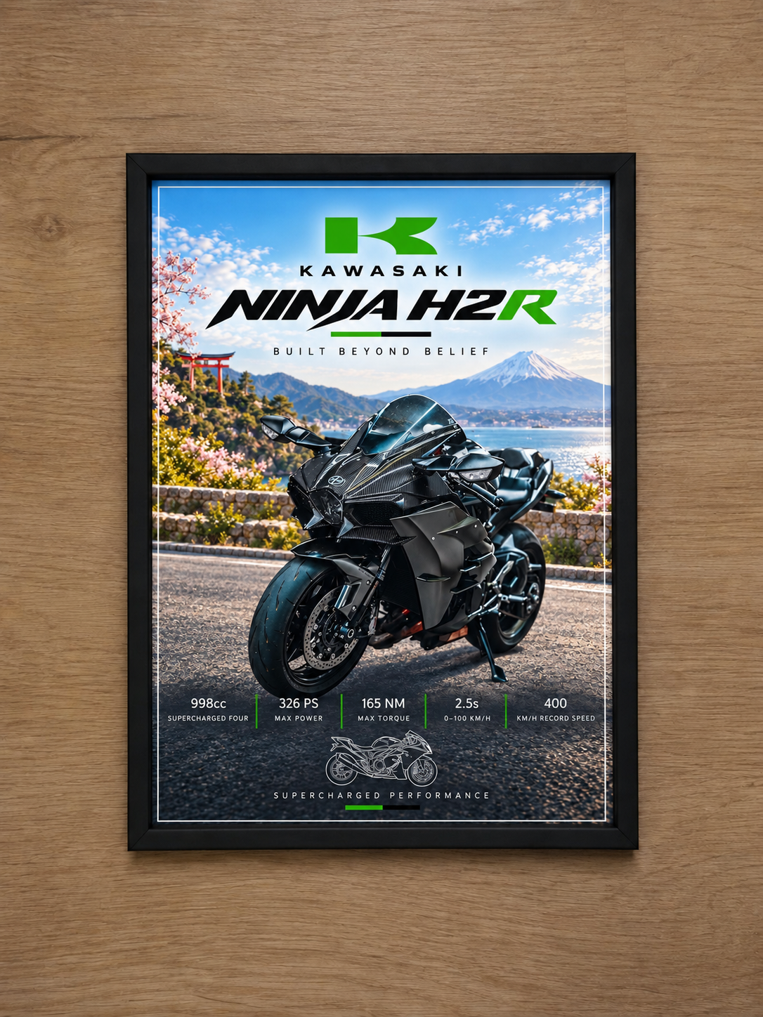 Kawasaki Ninja H2R automotive poster in black frame on a wooden wall