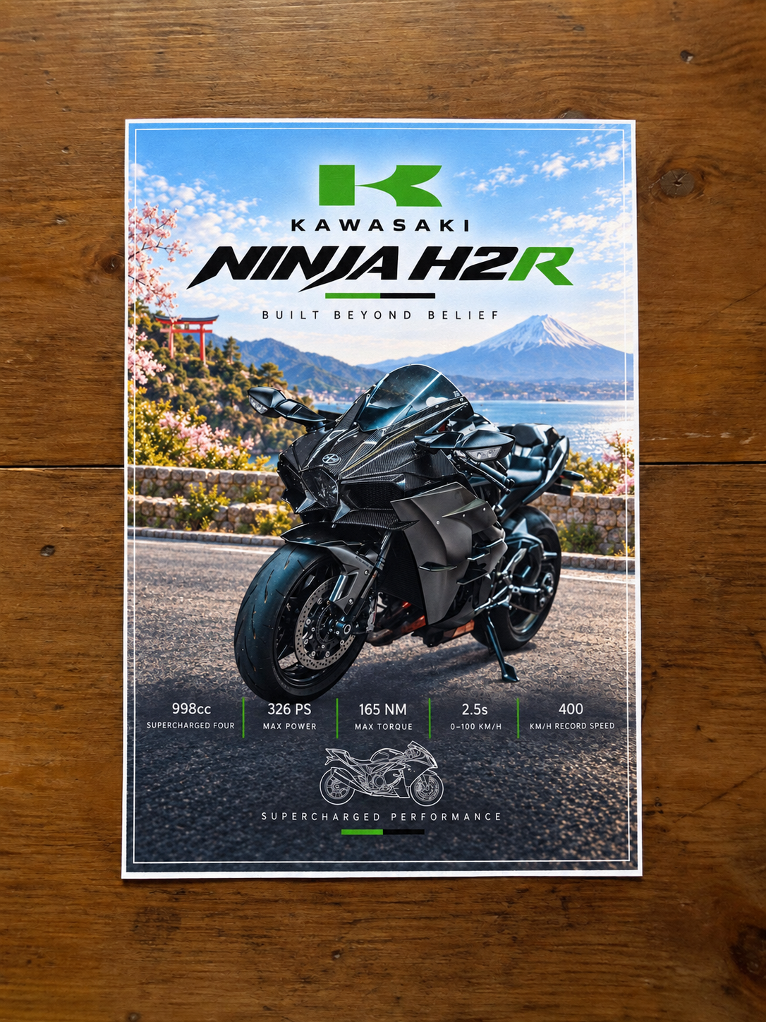 Kawasaki Ninja H2R automotive poster print displayed on wood
