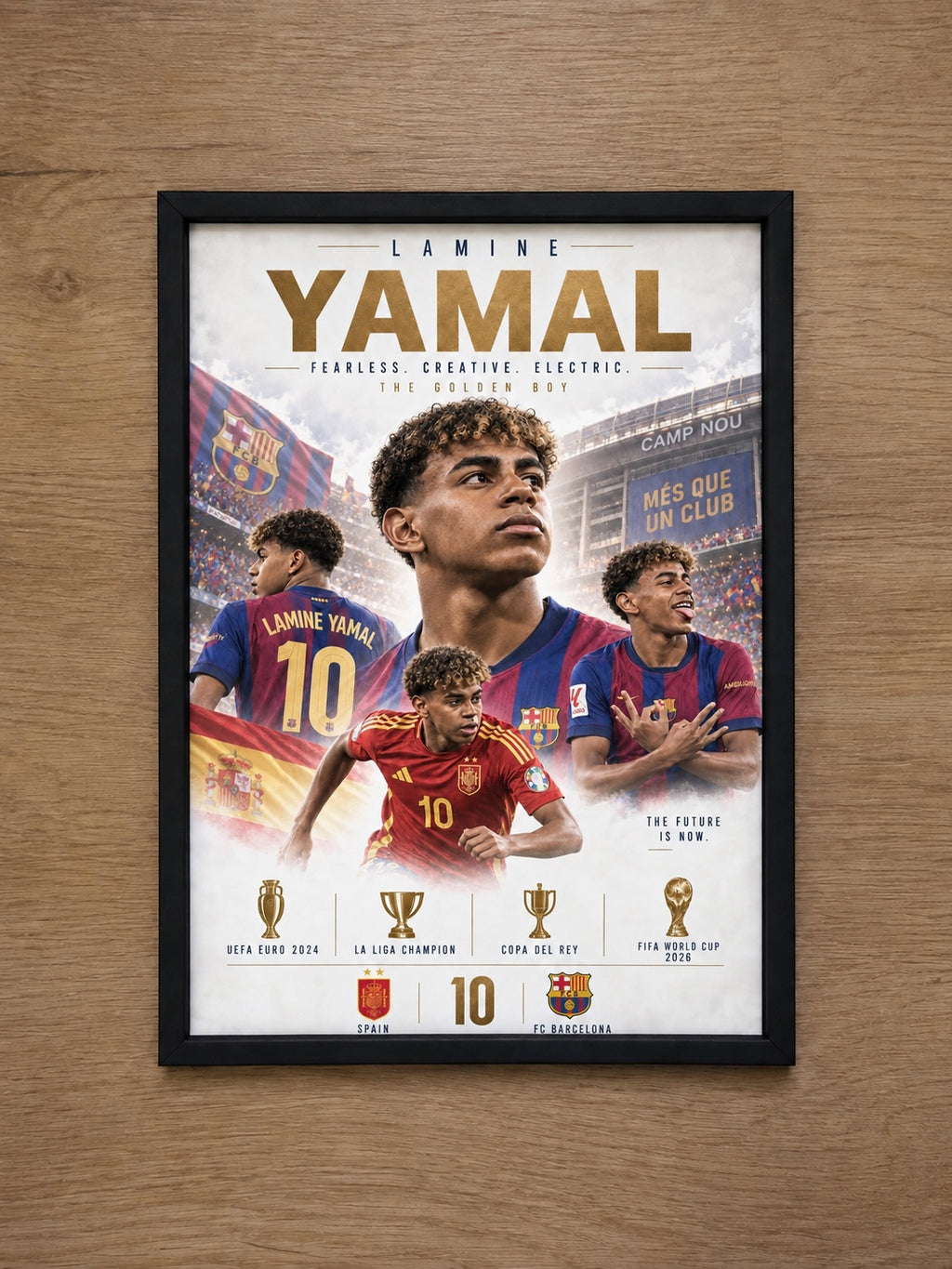 Lamine Yamal football poster in black frame on a wooden wall
