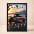 Land Rover Defender 110 framed poster on cream wall