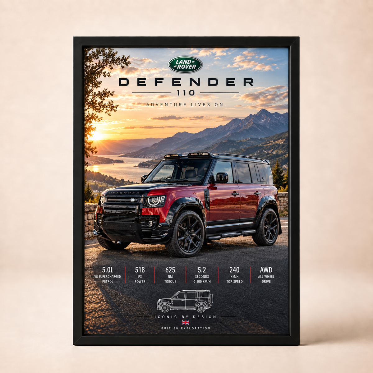 Land Rover Defender 110 framed poster on cream wall