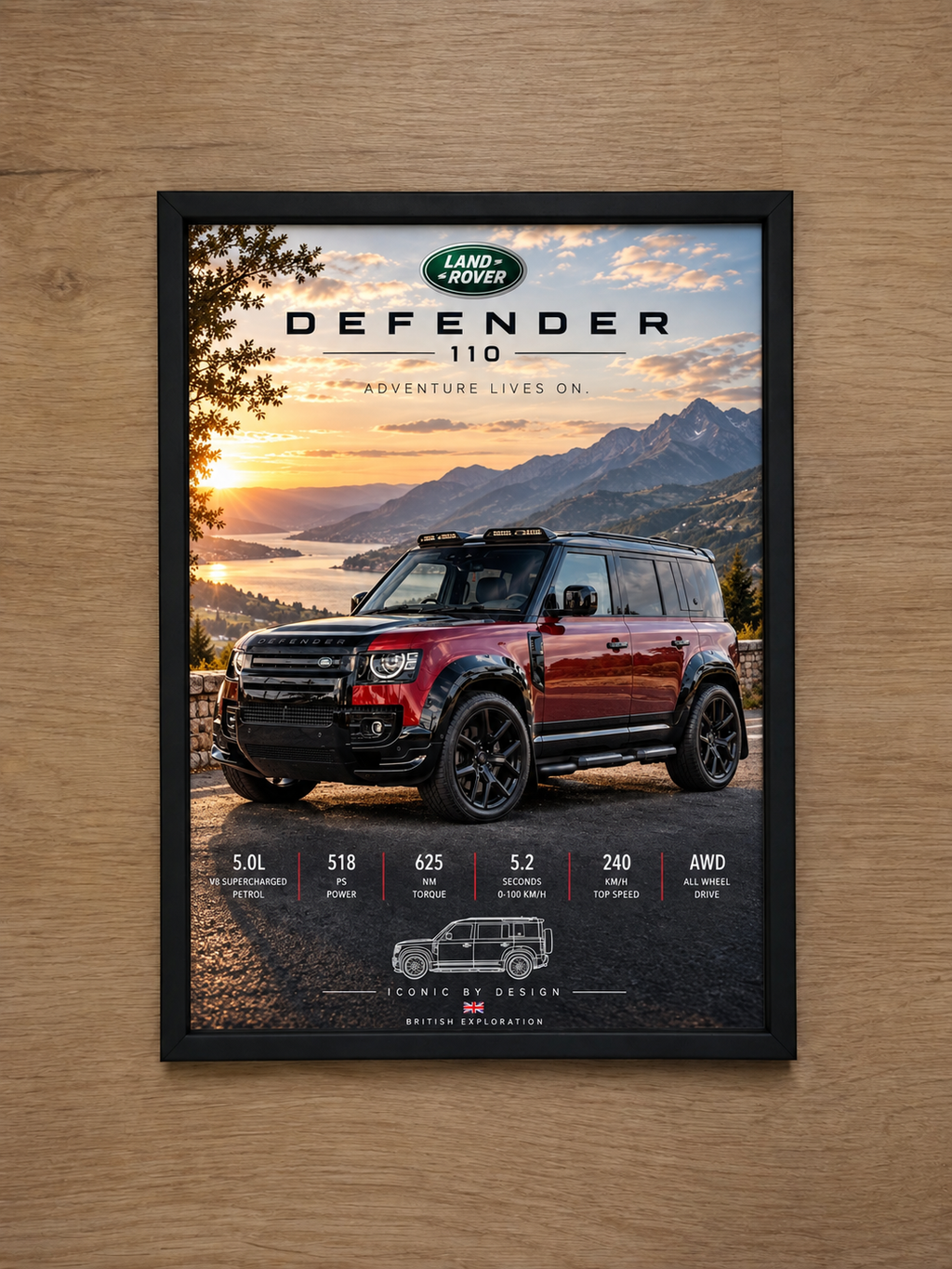Land Rover Defender 110 framed poster on wooden wall