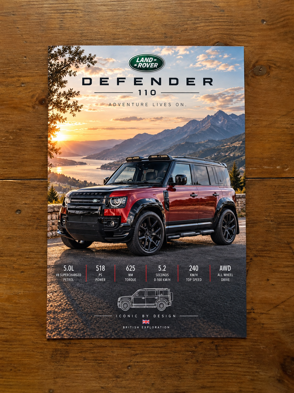 Land Rover Defender 110 unframed poster on wooden background