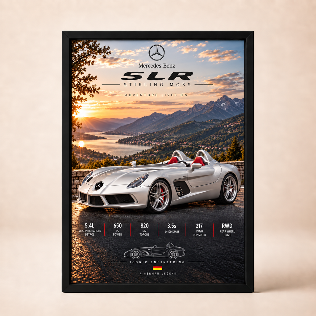 Mercedes-Benz SLR Stirling Moss framed poster on a cream wall
