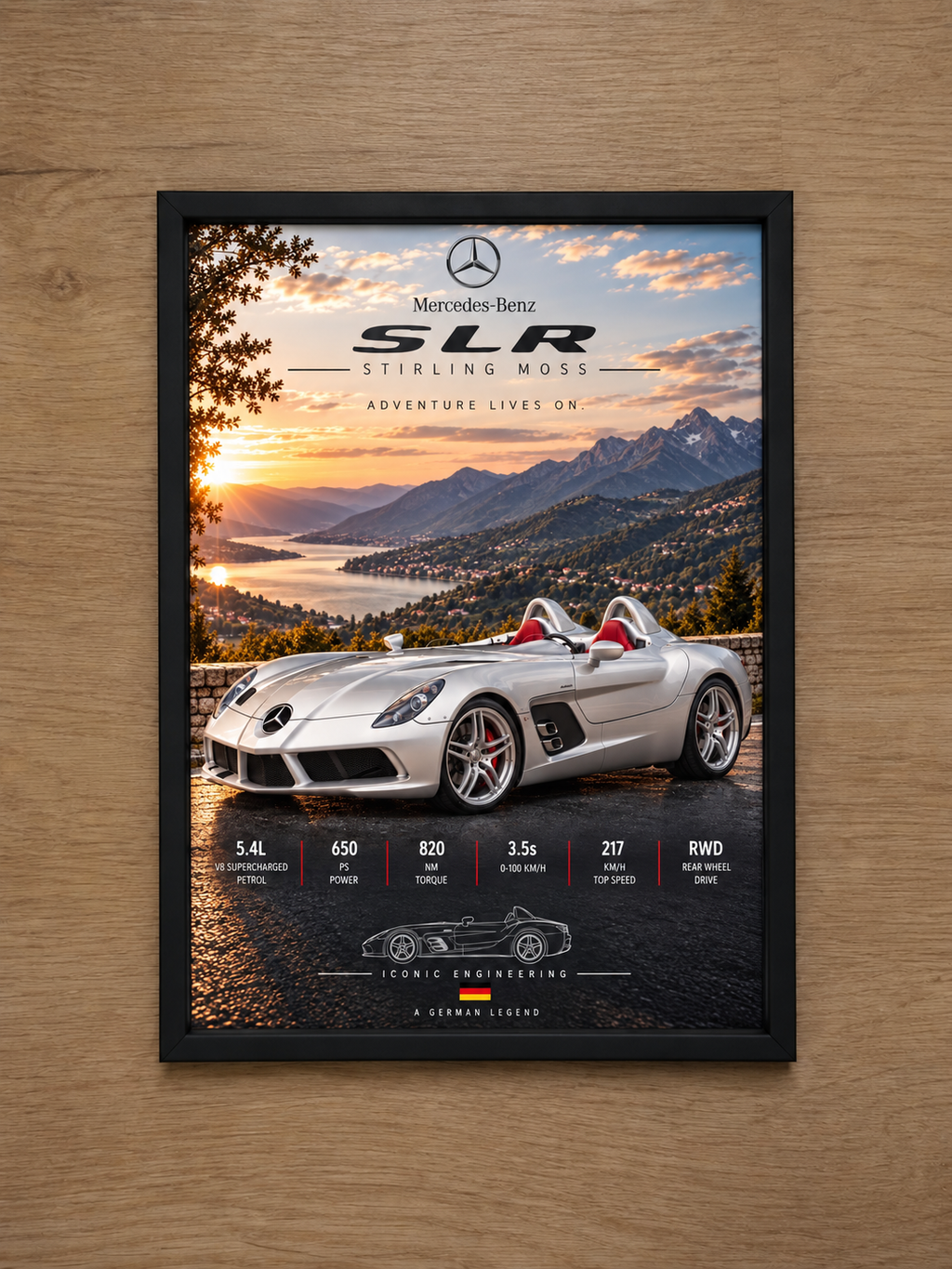 Mercedes-Benz SLR Stirling Moss framed poster on a natural wood wall