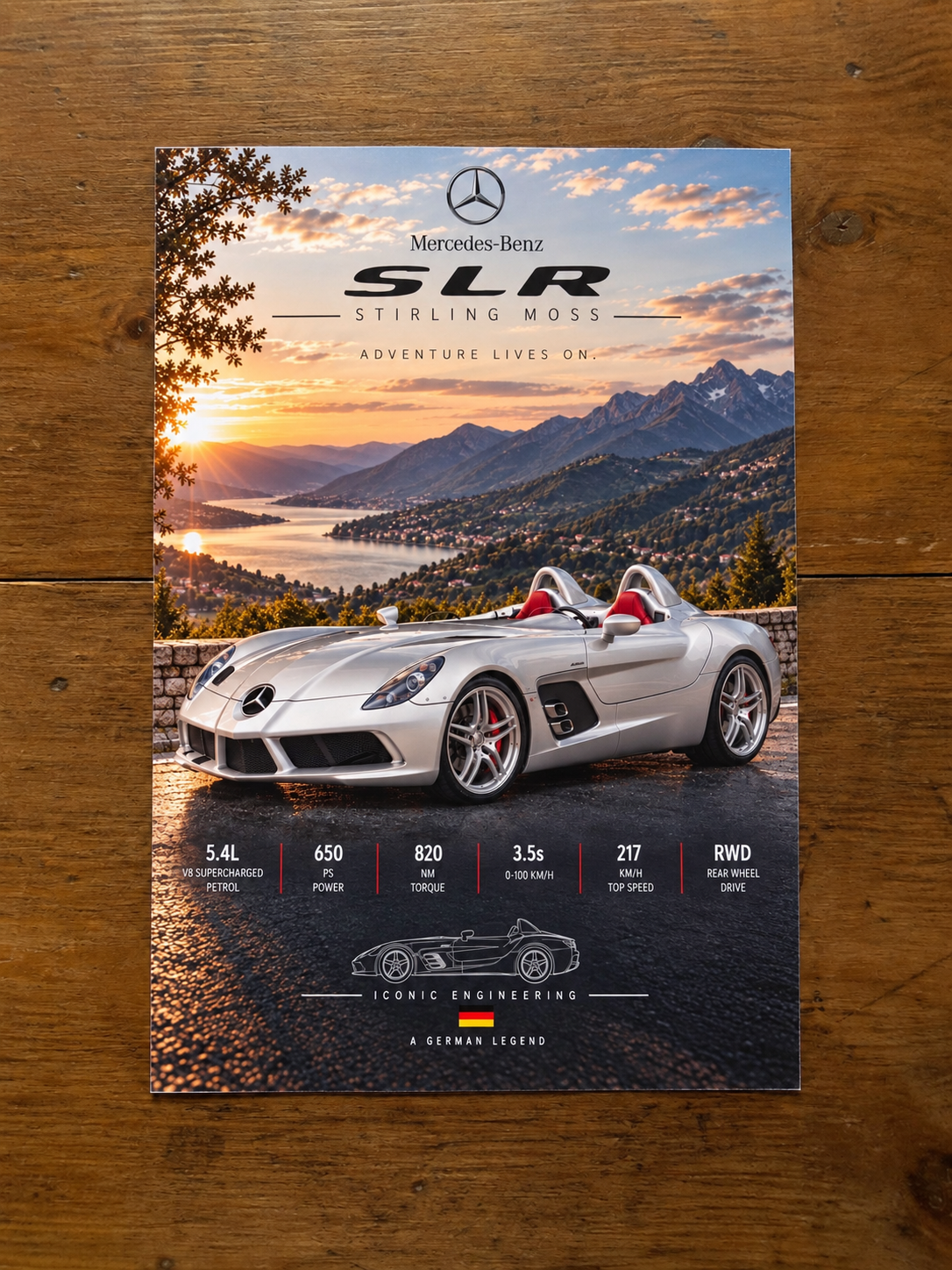 Mercedes-Benz SLR Stirling Moss print-only poster on dark wood