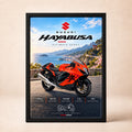 Suzuki Hayabusa automotive poster in black frame on a cream wall