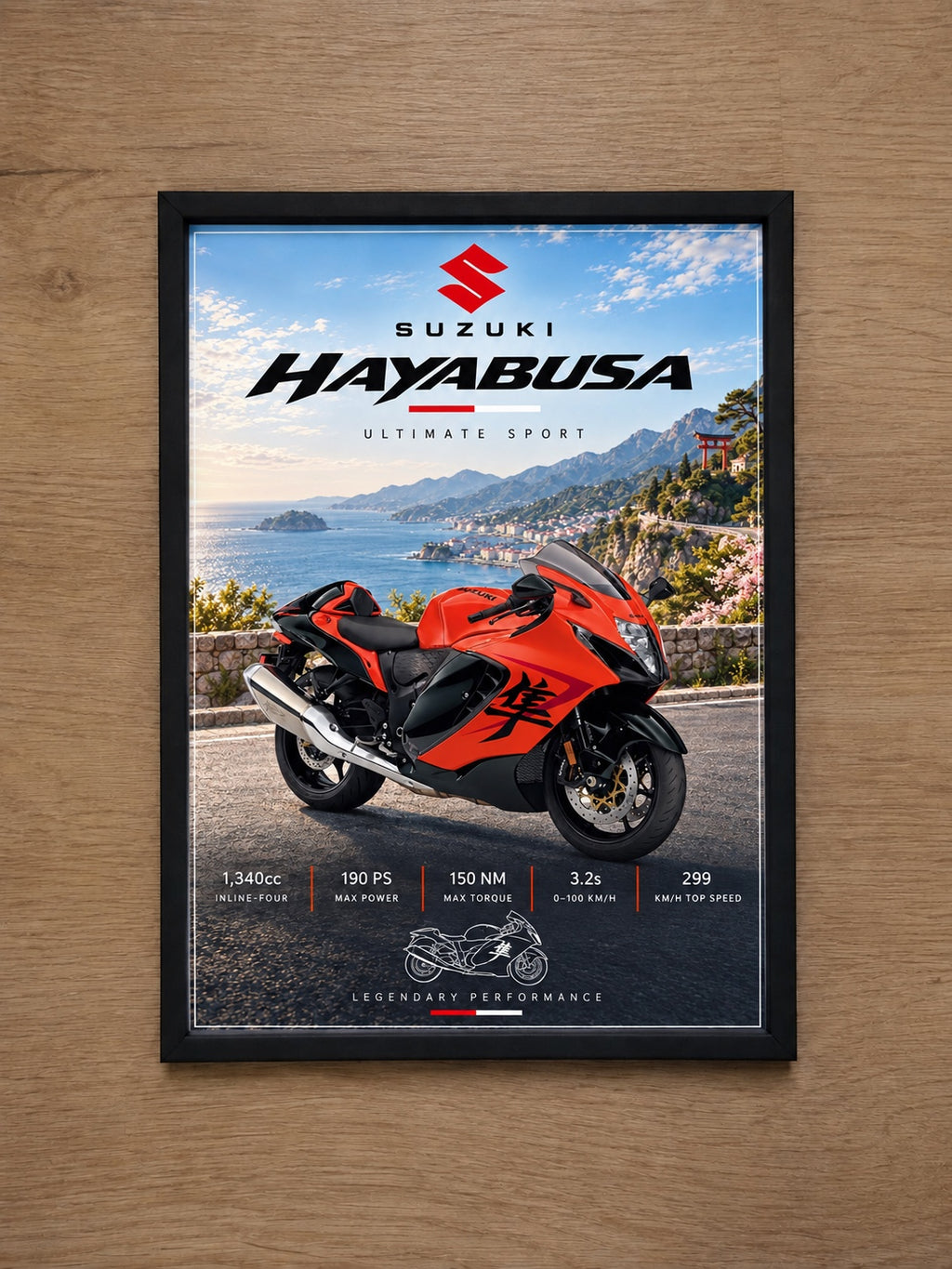 Suzuki Hayabusa automotive poster in black frame on a wooden wall
